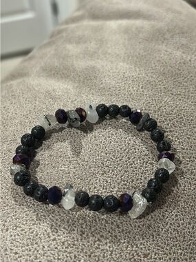 Stretch Bracelet with Black Lava Beads, Purple Faceted & Clear Accents
